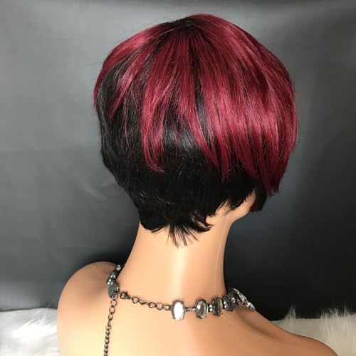 HOTKIS T1B/99J Pixie Cut Human Hair Wig with Side Bangs, Short Bob, Glueless, Natural Straight, Black Burgundy Two Tone for Women