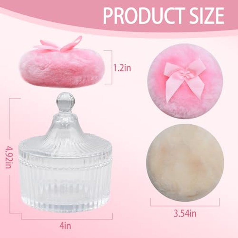 Large Body Powder Puff and Container Set - 2 Soft Washable Velour Puffs with Crystal Glass Storage Box, Reusable for Face Body Shimmer Powder, Dry Wet Makeup Application (Transparent)