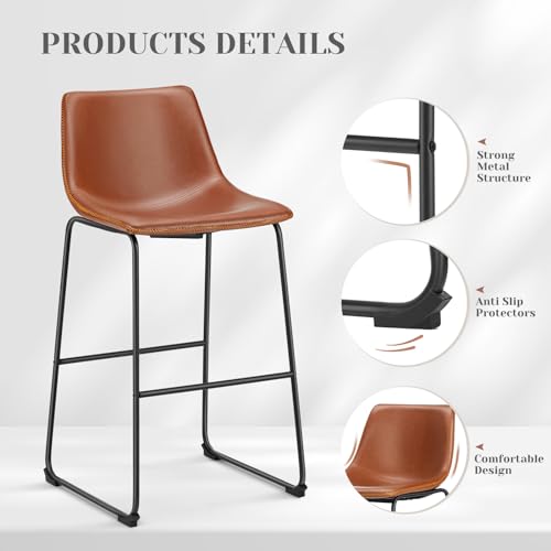 DUMOS Set of 2 Counter Height Bar Stools Brown Faux Leather Metal Legs