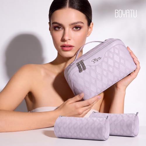 C-Diamond Grid Purple Travel Makeup Bag Organizer Set - 3 Pieces