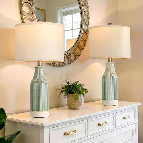 Set of 2 Green Ceramic Bedside Lamps - 23.75" Modern Farmhouse Table Lights