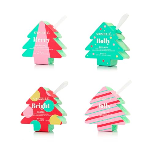 Spongelle Holiday Tree-Shaped Body Wash Buffers 4-Pack - Festive Christmas Ornament Gift Set