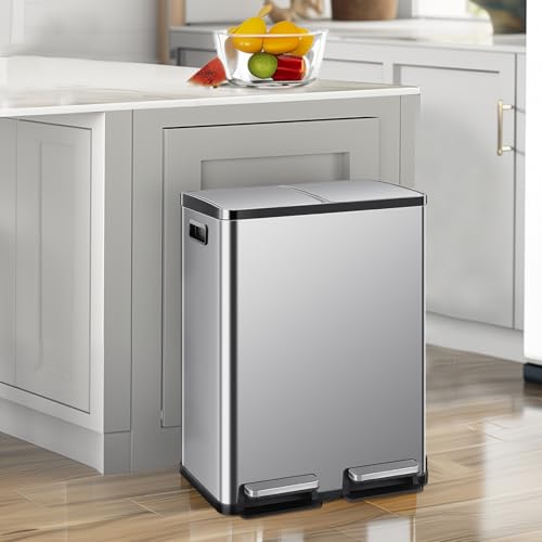 DUMOS Kitchen Trash Can, 2x8-Gallon Dual Can with Lid, Stainless