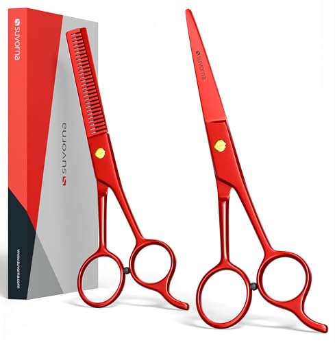 Professional Hair Scissors Set 6.5 Inch with Thinning Shears - Red - Salon Quality