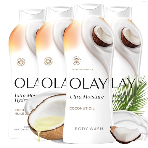 Olay Body Wash for Women - Ultra Moisture, Hydrating with Coconut, 22 fl oz Pack of 4 - Combination