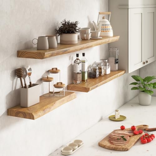 Venusmiles 24-Inch Live Edge Reclaimed Elm Floating Shelves - Heavy-Duty Wall Mount Set of 2 - Natural Finish