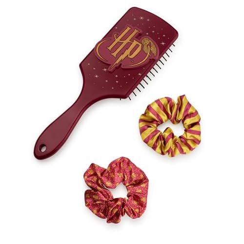 Harry Potter Women's Bobble and Paddle Hair Brush and Scrunchie Set | Adults Striped Print Brush with 3D Logo in Burgundy
