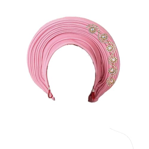 Pink Nigerian Headtie with Stones - Traditional African Turban Head Wrap for Women Party