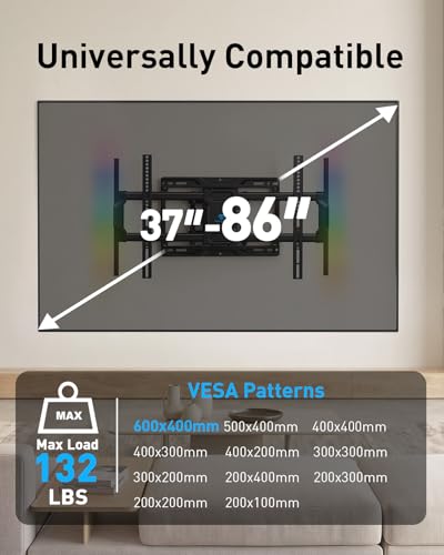 PERLESMITH Full Motion TV Wall Mount 16-Inch Wood Stud Compatible for 37-86 Inch TVs with LED Light