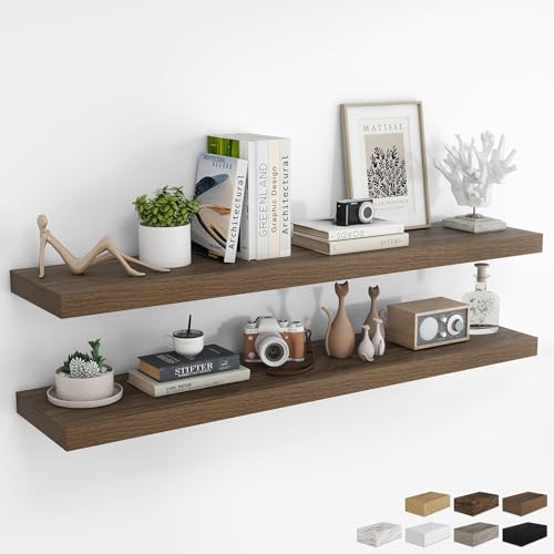 Walnut Floating Wall Shelves Set of 2 - 55 Inches Long, Rustic Modern Design