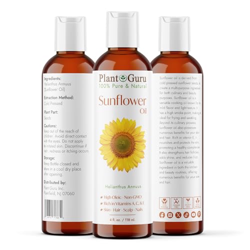 Plant Guru Sunflower Oil 4 fl oz ? Cold?Pressed, 100% Pure & Natural Carrier for Skin, Face, Body, Hair & Cooking. Great for DIY Creams, Lotions, Soaps & Lip Balms.