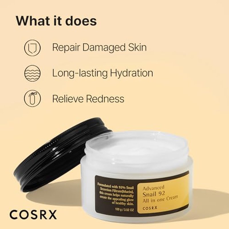 COSRX Snail 92% Cream + Hyrdogel Mask 3EA- Snail Mucin 92% Moisturizer and Glass Glow Hydrogel Collagen Mask, Travel Essentials, Stocking Stuffers, Korean Skin Care
