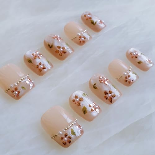 [GLORS] Short Square Press On Nails, Nude Pink with Rose Gold Foil and Pearl Accents, 10 Pieces (Small, SS)