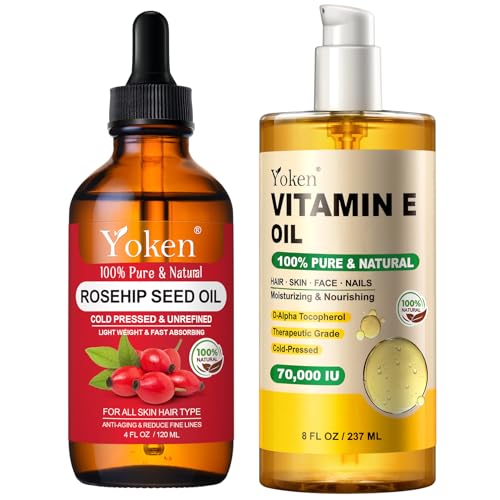 Organic Vitamin E Oil & Rosehip Seed Oil,100% Pure Oil for Skin,Scars and Face Care