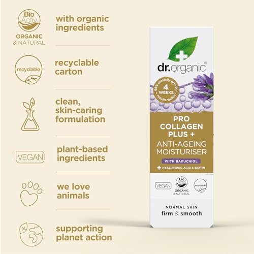 Dr. Organic Pro Collagen Plus + Anti-Ageing Moisturiser with Bakuchiol for Normal Skin, 50ml