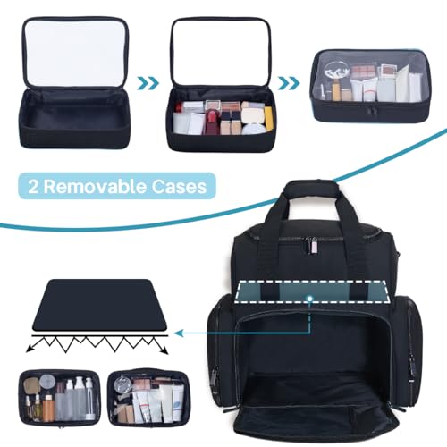 Large Makeup Bag with 2 Removable Case Multifunctional Cosmetic Bag Double Layer Travel Toiletry Organizer,Black