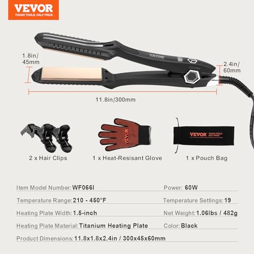 VEVOR Dual Infrared 1.5-Inch Titanium Hair Straightener with LCD, 19 Temp Levels 210°F-450°F, Dual Voltage 110V/240V