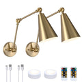 Gold Battery Operated Swing Arm Wall Sconce Set of 2 - Dimmable, Remote Control, Rechargeable Indoor Light with 3 Color Options