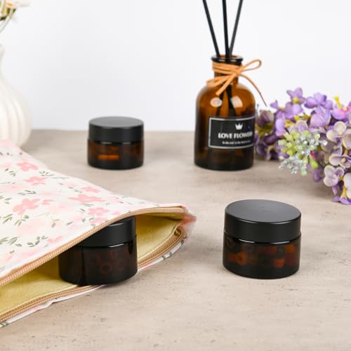 Amber Glass Jars with Black Airtight Lids - 1oz Travel Cosmetic Containers - NOOEEISS