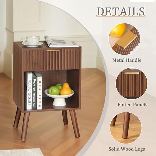 Walnut Brown Nightstand with Charging Station - Fluted Bedside Table with Storage