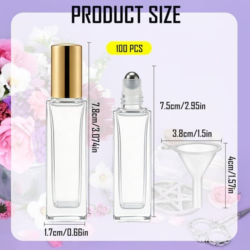100 Pcs 10 ml Roller Bottles for Essential Oils, Square Thick Empty Glass Roller Bottles with Stainless Steel Roller Balls Protection Leakproof with 5 Funnel for Travel