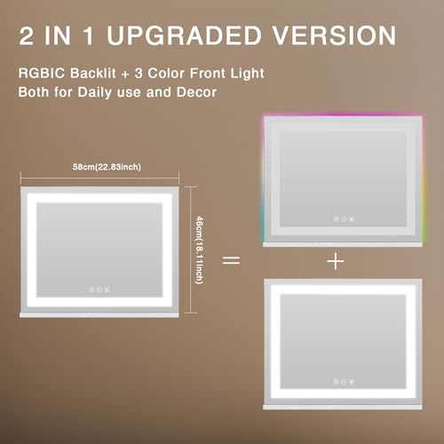 Hansong RGB Vanity Mirror with Lights 23¡± X 18¡± Makeup Mirror with Front Light and RGB Backlit Lighted Vanity Mirror with 3 Color Lighting Dimmable Tempered Glass 10x Magnification and Wall-Mounted
