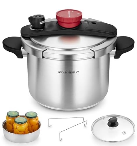 6.3 Quart Stainless Steel Pressure Cooker with Glass Lid & Steamer - Easy One-Hand Lock, Induction Compatible