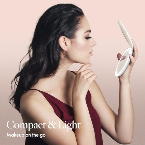 Fancii LED Lighted Travel Makeup Mirror, 1x/10x Magnification - Daylight LED, Compact, Portable, Large 5" Wide Illuminated Folding Mirror (Lumi) (White)