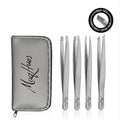 Matte Silver Fiber Tip Tweezers Set for Eyebrow & Facial Hair Removal – Men & Women