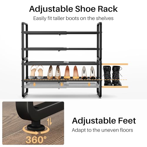 Expandable 4-Tier Metal Shoe Rack for Closet, Entryway & Garage - Black, Variation of 18.5-29.7 Inches