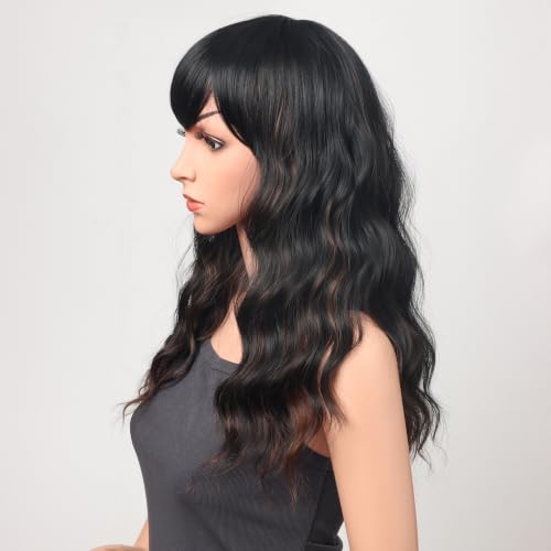 18 Inch Wavy Synthetic Wig with Bangs - Black with Brown Highlights, Heat Resistant, Natural Look, Comfortable Fit