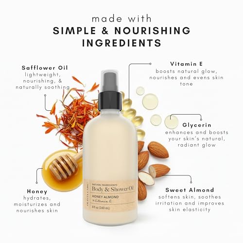 Olivia Care Honey Almond Body & Shower Oil with Vitamin E - Hydrating Daily Moisturizer for Dry Skin, 8 fl oz