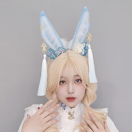 Yhdw-Blue Faux Fur Bunny Ears Headband for Cosplay & Party Accessories
