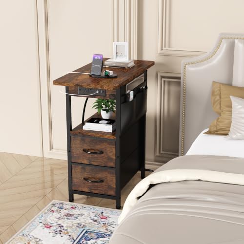 Rustic Brown Small Side Table with Charging Station & Storage Pocket