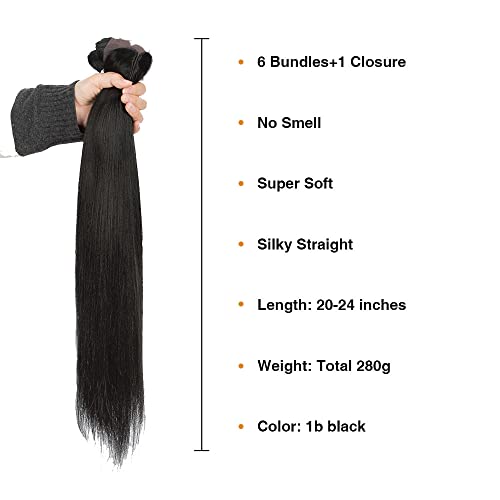 7pcs Silky Straight Hair Extensions 20-24 Inches - Black, Heat Resistant Synthetic Fiber
