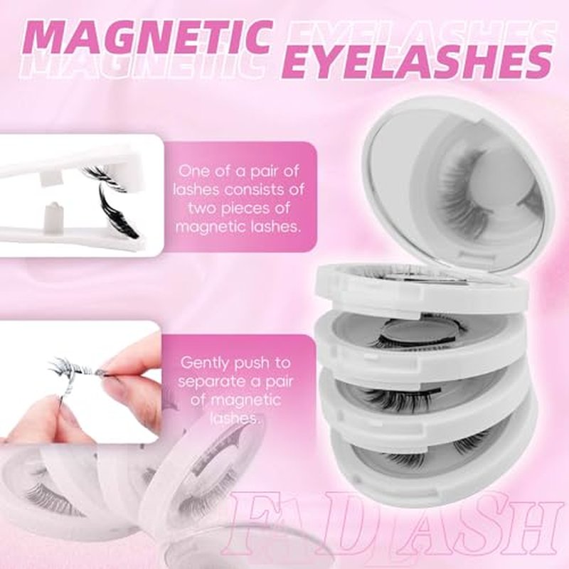 FADLASH Magnetic Eyelashes with Applicator Reusable Magnetic Lashes Natural Look 4 Pairs with Clamp No Glue Needed False Eyelashes Kit Easy to Wear (604+079+806+B7)