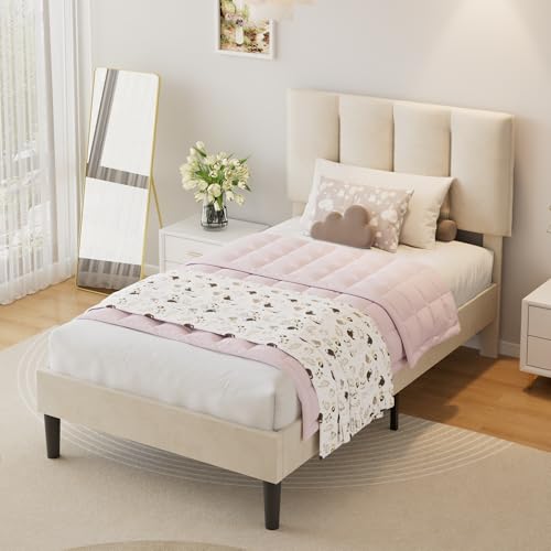 Twin Size Bed Frame with Upholstered Headboard - Pale Beige, Platform Design, Noise-Reducing, Easy Assembly