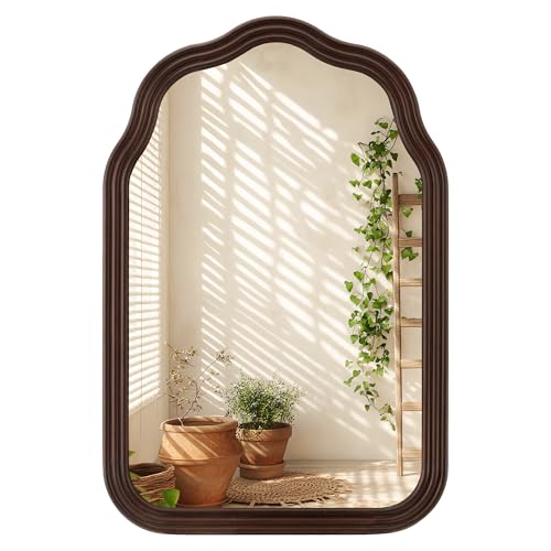 36 Inch Wavy Arch Wooden Bathroom Mirror - Rustic Wall Decor, Dark Brown