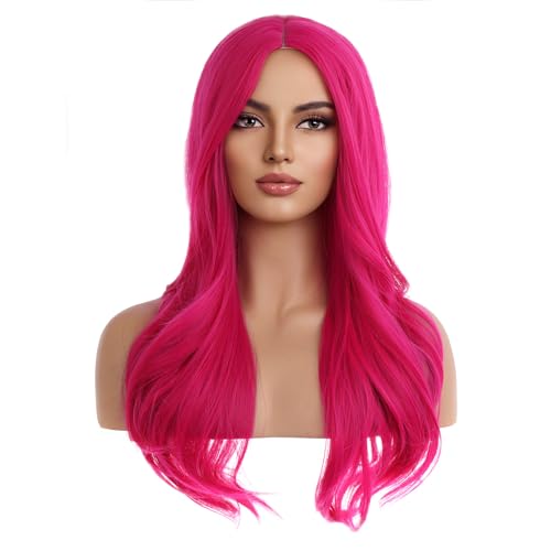 Hot Pink Curly Wavy Wigs for Women - Long Synthetic Heat-Resistant Hair Extension