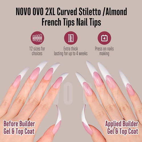 NOVO OVO Halloween XXL Curved Stiletto Almond French Tip Nail Tips Press on, BERRY PINK Full Cover Extra Thick Long XL Acrylic Hawk Curve Fake Extension Kit, Need Builder Gel, for DIY 12 Sizes 144 pcs