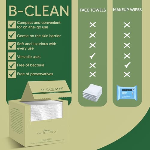 B-Clean Premium Facial Towels - Extra Soft, Tear -Resistant, Lint Free, Disposable, Vegan, Fragrance-Free Hygienic Skincare Towels for Daily Cleansing and Makeup Remover Dry Wipes (50 Count Pack of 2)