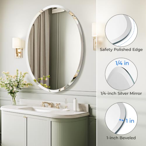 USHOWER Frameless Oval Bathroom Mirror 24x36 Inch Over Sink - Modern Design