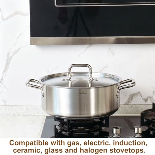 HOMICHEF 15 Qt Braiser Pan with Lid - Nickel Free Stainless Steel, 3-Ply Base, Matte Finish (Silver)