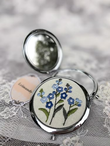 Leimandy Blue ForgetMeNot 4-Pack Embroidered Compact Mirrors – Double-Sided 1x/2x Magnification, Foldable Pocket Makeup Mirrors