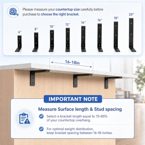 Heavy Duty Countertop Support Brackets 20 Inch x 8 Inch Black 4 Pack - Hidden L Shelf Brackets for Quartz Granite Wood Concrete Laminate