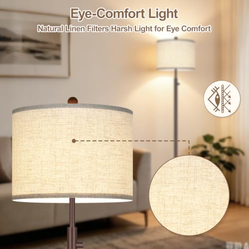 Dimmable Floor Lamp with Linen Shade - Matte Brown Tall Standing Light, 11W LED Bulb Included