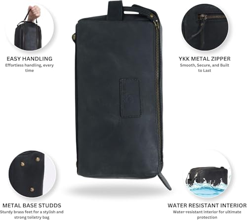 Men's Leather Toiletry Bag - Vintage Dopp Kit Organizer with Waterproof Lining - Black, Small
