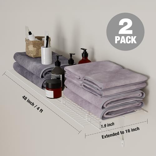 Wall Mounted Closet Shelves 2 Pack - 4 ft x 16 in Wire Shelf Kit, Space-Saving Storage