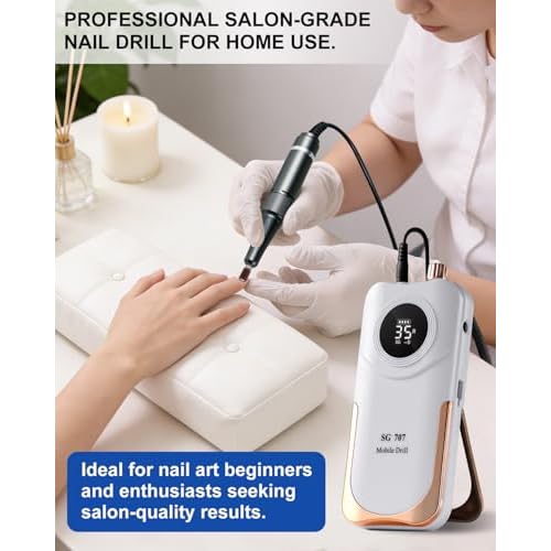 Professional Electric Nail Drill Kit 35000RPM with 14PCS Bits White Portable Rechargeable Cordless File Machine for Acrylic Gel Powder Nails and Manicure Pedicure Toenail Tool Salon Set