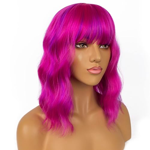 Dopdiz Rose Mixed Purple Short Wavy Bob Wig with Bangs for Women - Heat-Resistant Synthetic Cosplay Hair